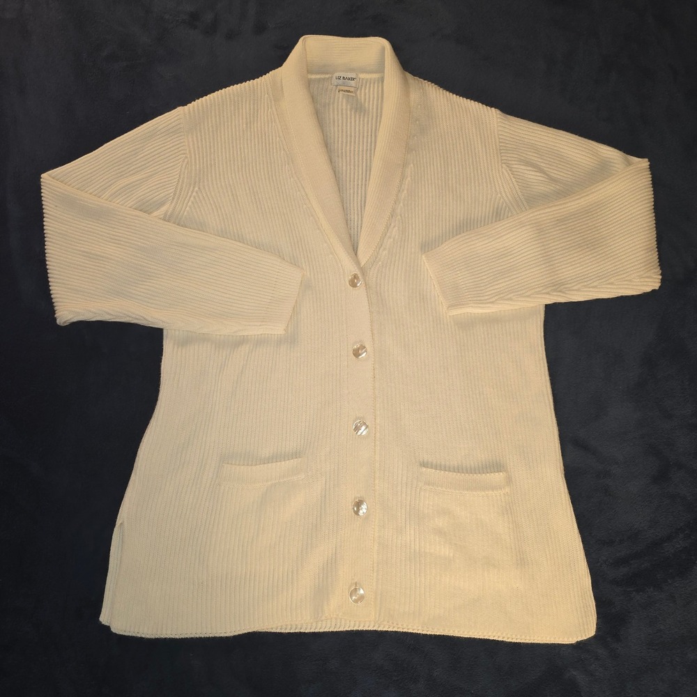 Liz Baker Womens XL White Ribbed Shawl Collar Button Front Cardigan Sweater